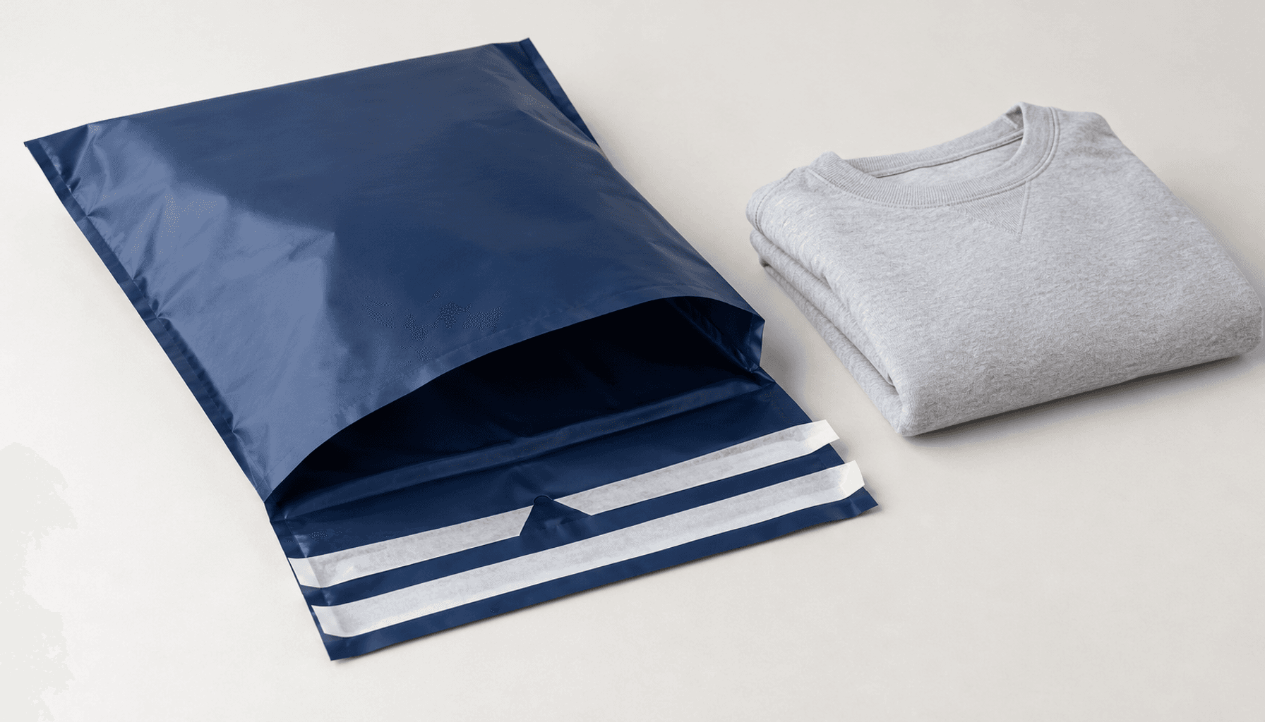 Dual-strip return-ready mailer with protected adhesive strips beside a folded garment