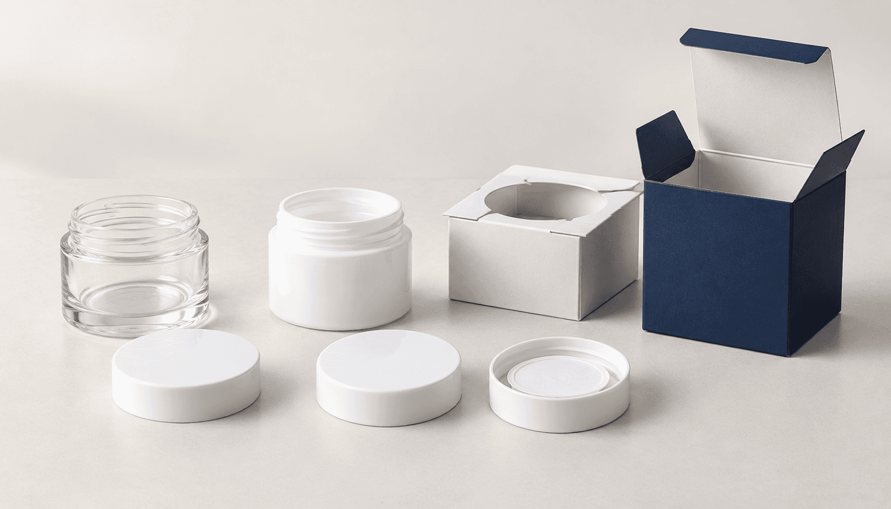 Glass and plastic cosmetic jars with matching lids beside a paperboard insert and carton