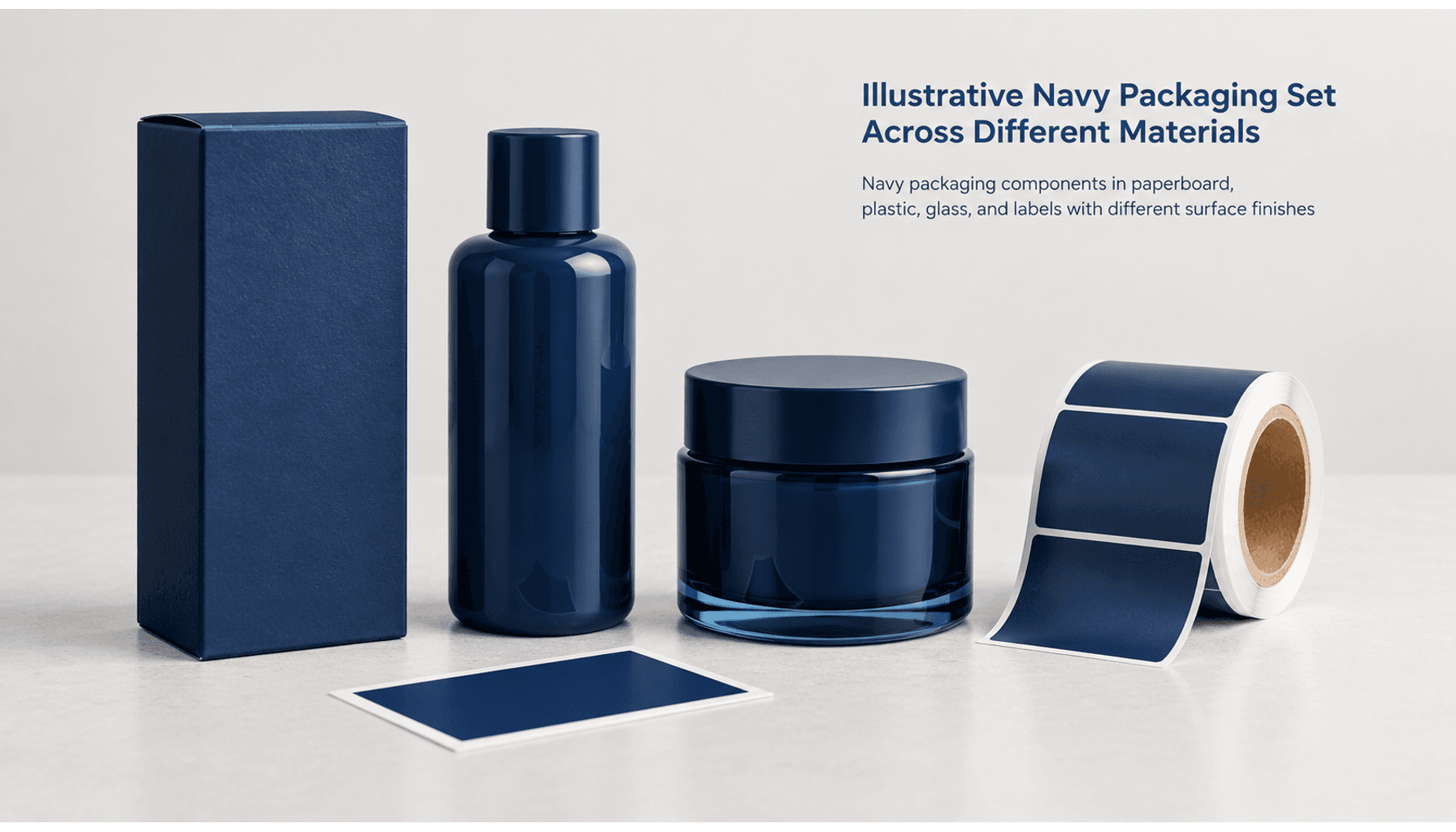 Navy packaging components in paperboard, plastic, glass, and labels with different surface finishes