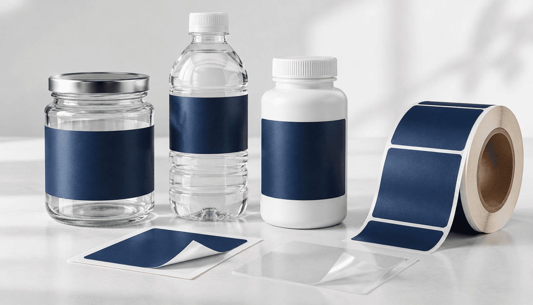 Glass and plastic containers beside roll-label samples for adhesive selection