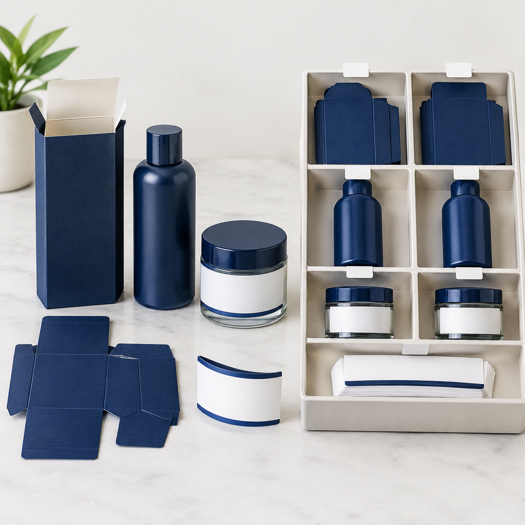 Organized retained carton, plastic bottle, glass jar, and label references beside a working sample set