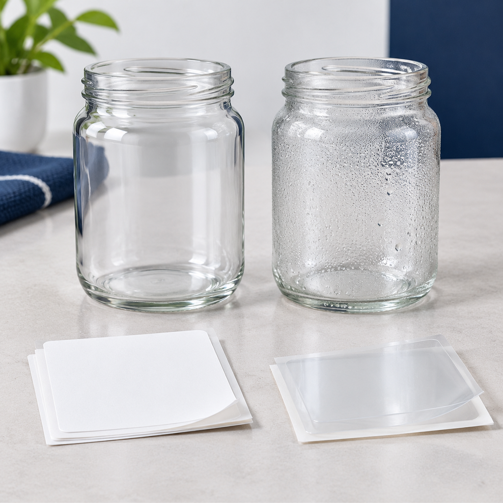 Dry and condensation-covered glass jars beside blank label samples