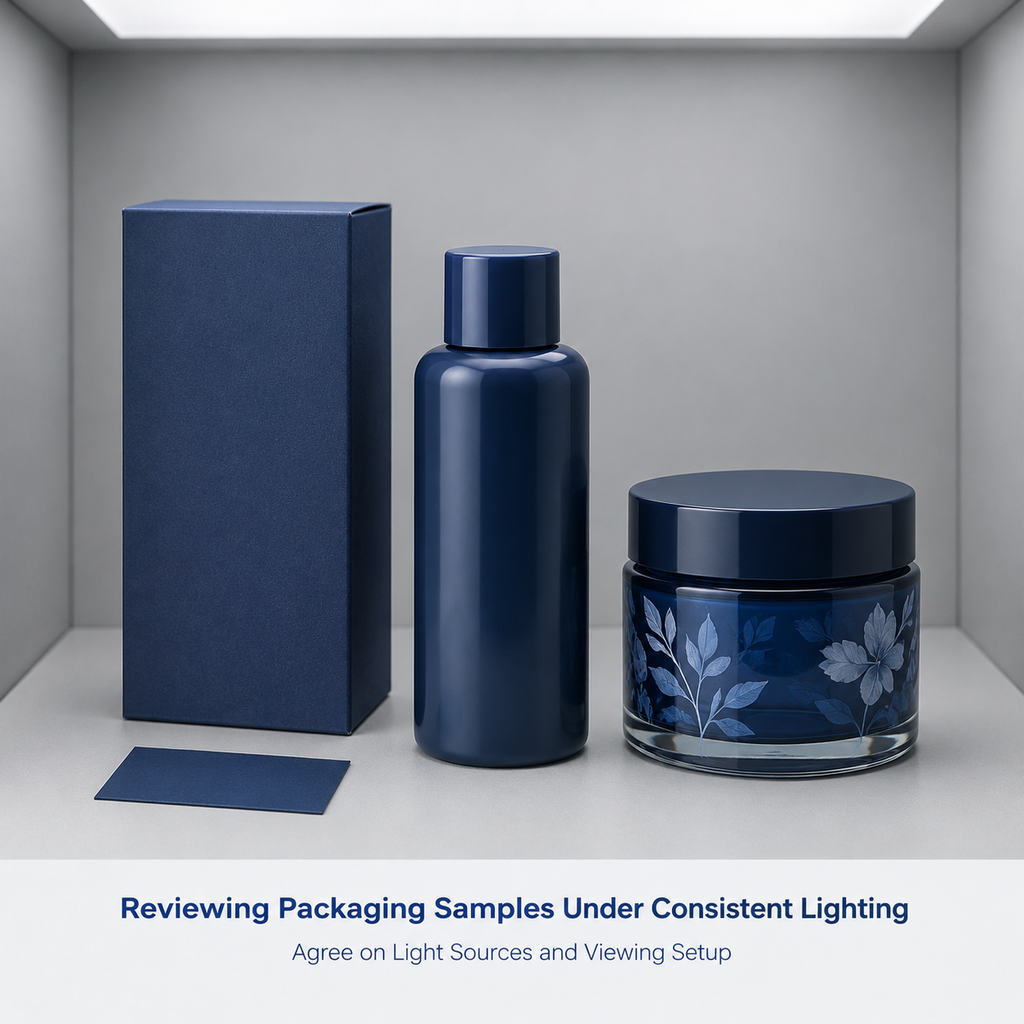 Close view of paperboard, plastic, and decorated glass samples under consistent lighting