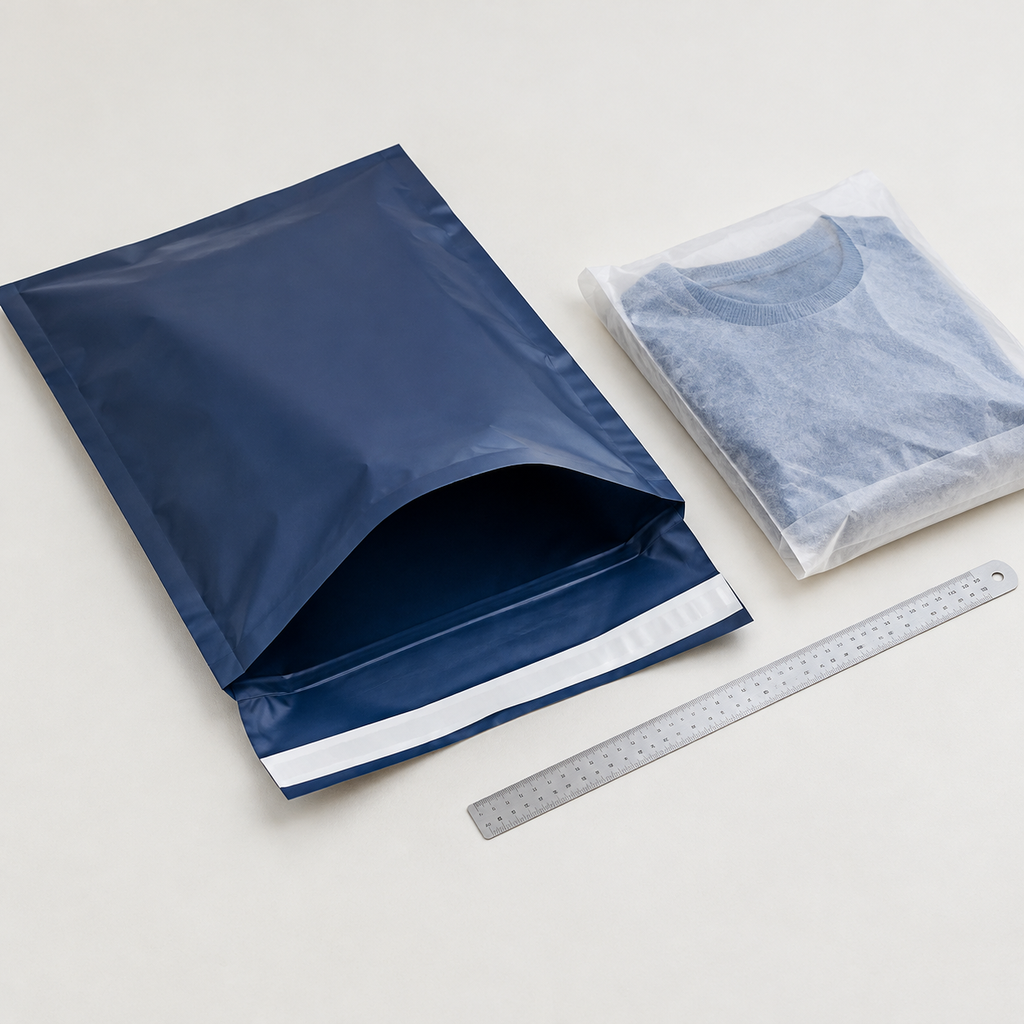 Opened return mailer beside a folded garment and measuring tool for checking usable packing space