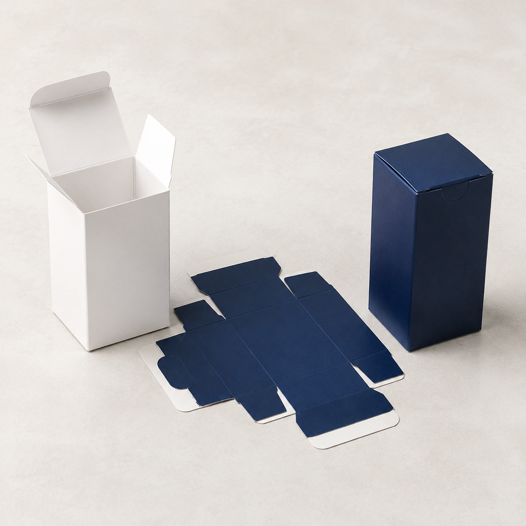 Illustrative white carton sample, printed proof, and finished carton representing different approval stages