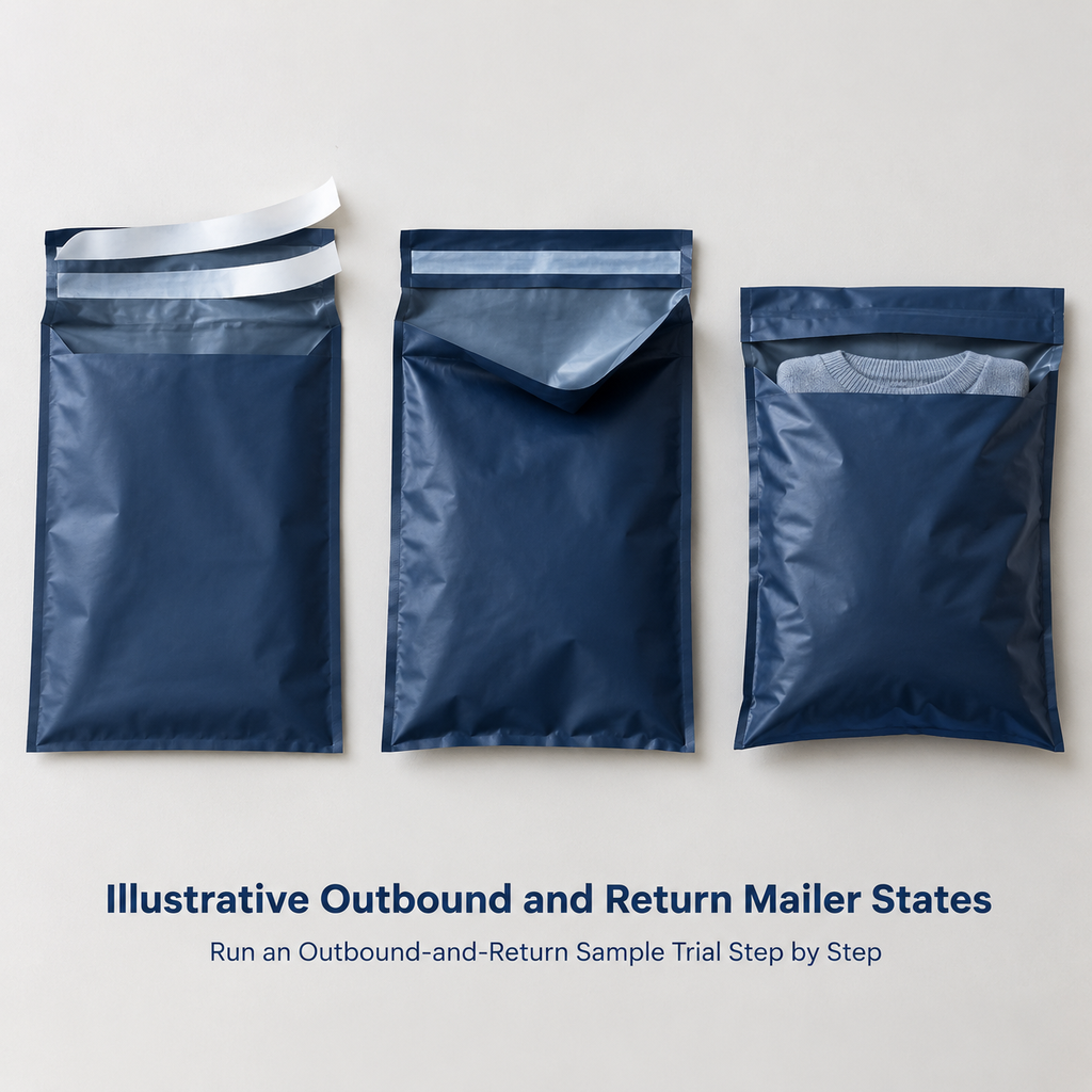 Return mailer samples shown before shipping, after opening, and after resealing