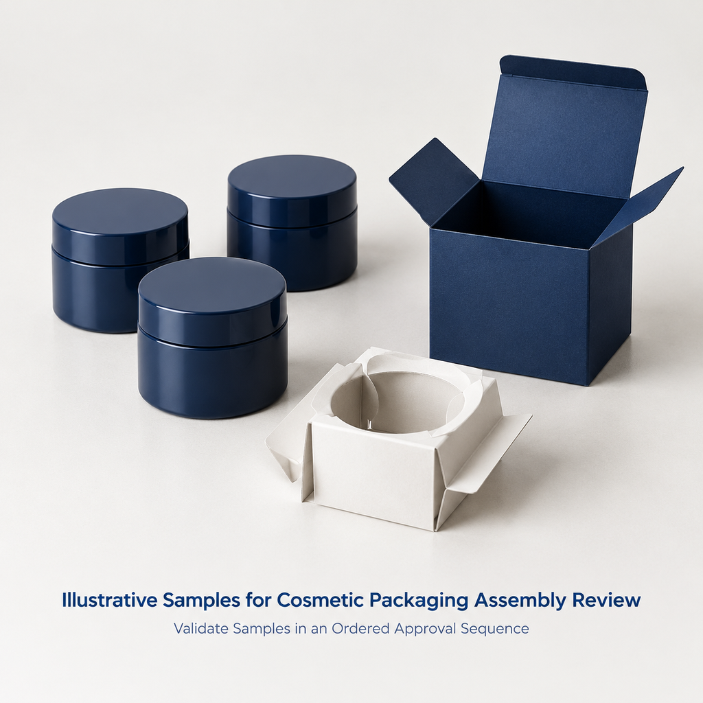Closed jar samples, a folded insert prototype, and a carton arranged for review